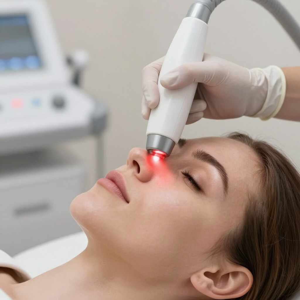 Una mano enguantada utiliza un dispositivo láser rojo en el ojo cerrado de una mujer en una clínica