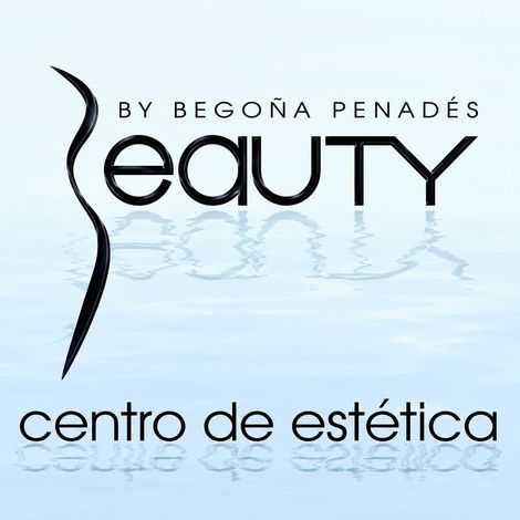 Logotipo de &ldquo;Beauty&rdquo; de Bego&ntilde;a Penad&eacute;s, con &ldquo;centro de est&eacute;tica&rdquo; sobre un fondo azul claro