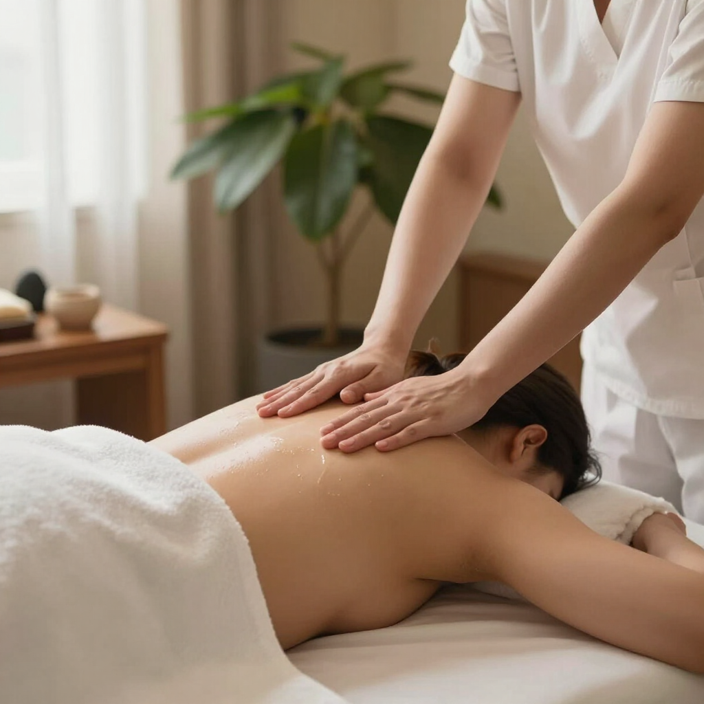Terapeuta de spa dando un masaje de espalda en una camilla, en una sala de tratamiento tranquila