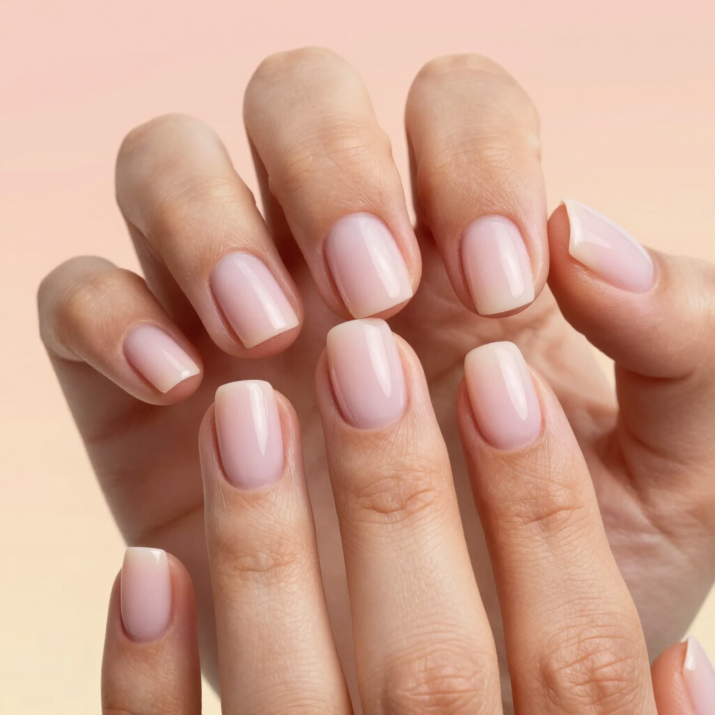 Primer plano de unas manos bien cuidadas con las uñas de color rosa pálido sobre un fondo beige suave