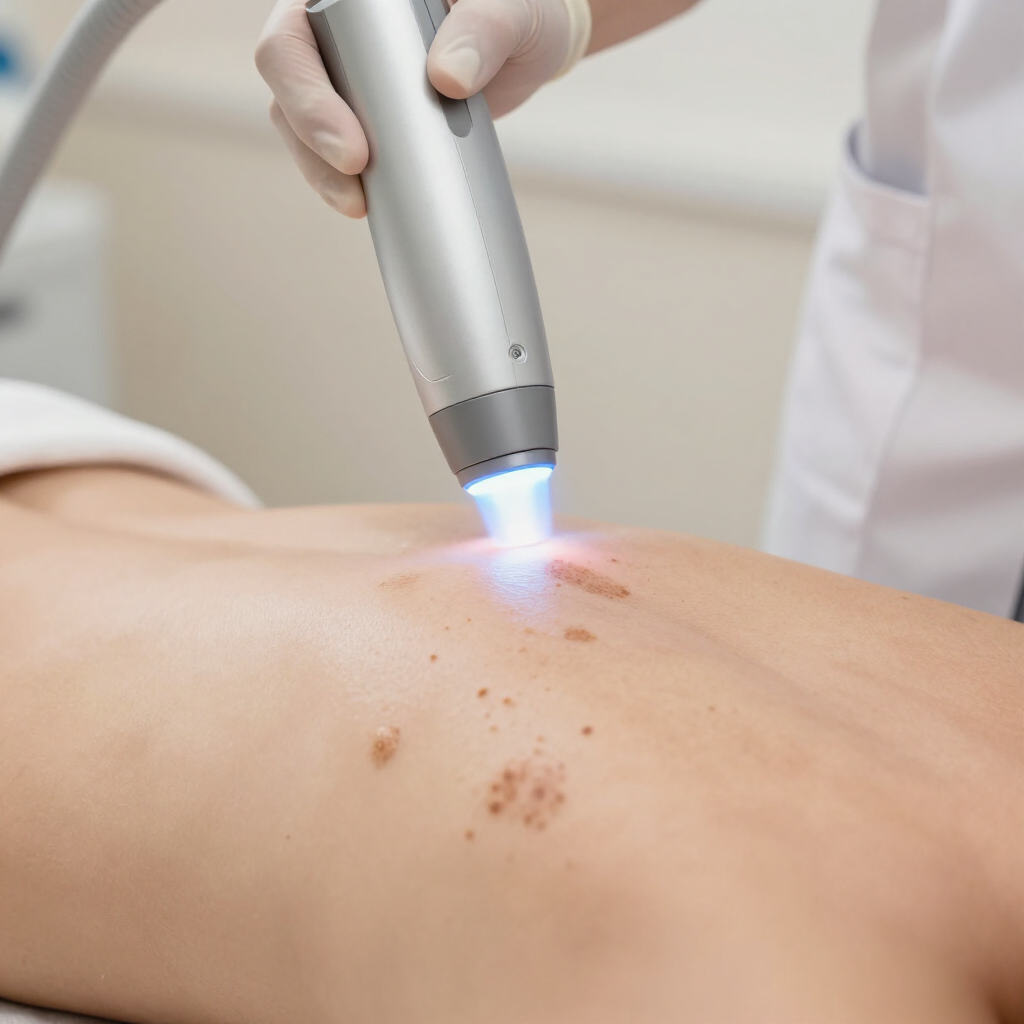 Tratamiento con láser de imperfecciones cutáneas realizado por un profesional sanitario con guantes y un dispositivo de mano