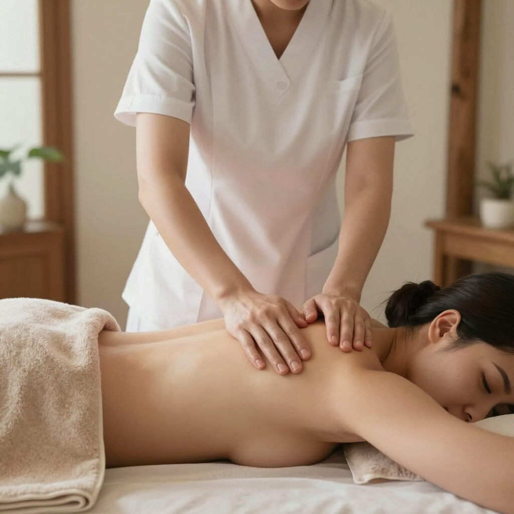 Masajista dando un masaje en la espalda a un cliente en una camilla de tratamiento en una sala de spa