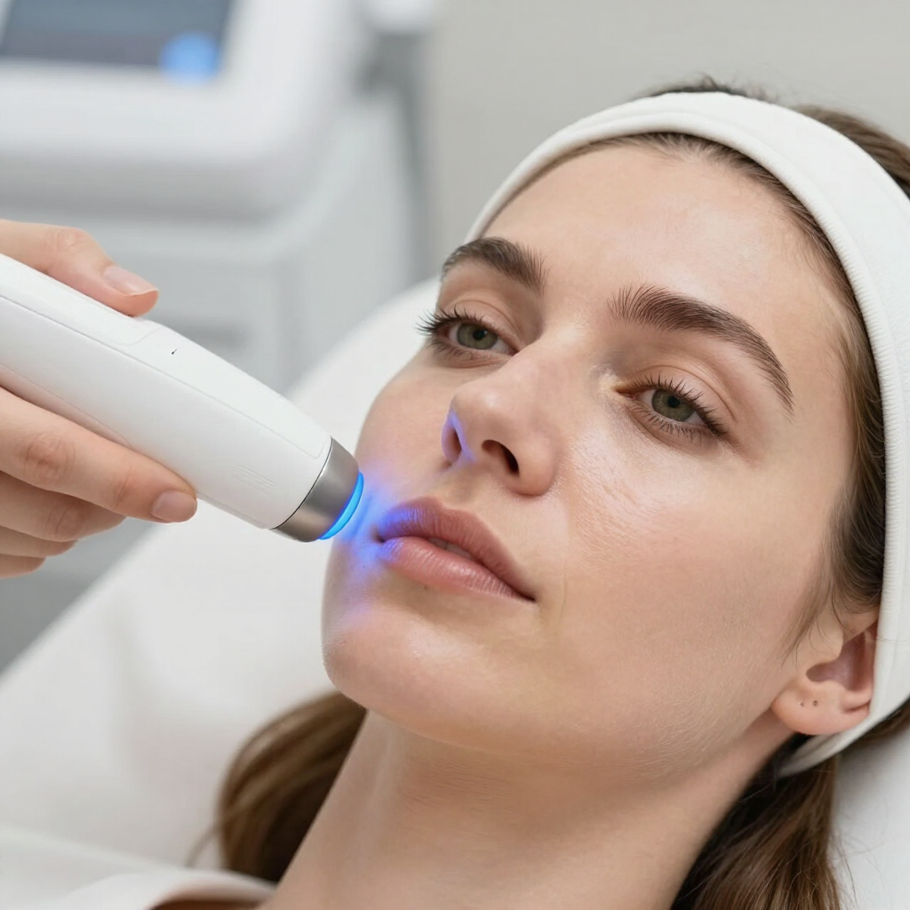 Tratamiento facial con un dispositivo portátil que emite luz azul sobre la nariz y el labio superior de una mujer