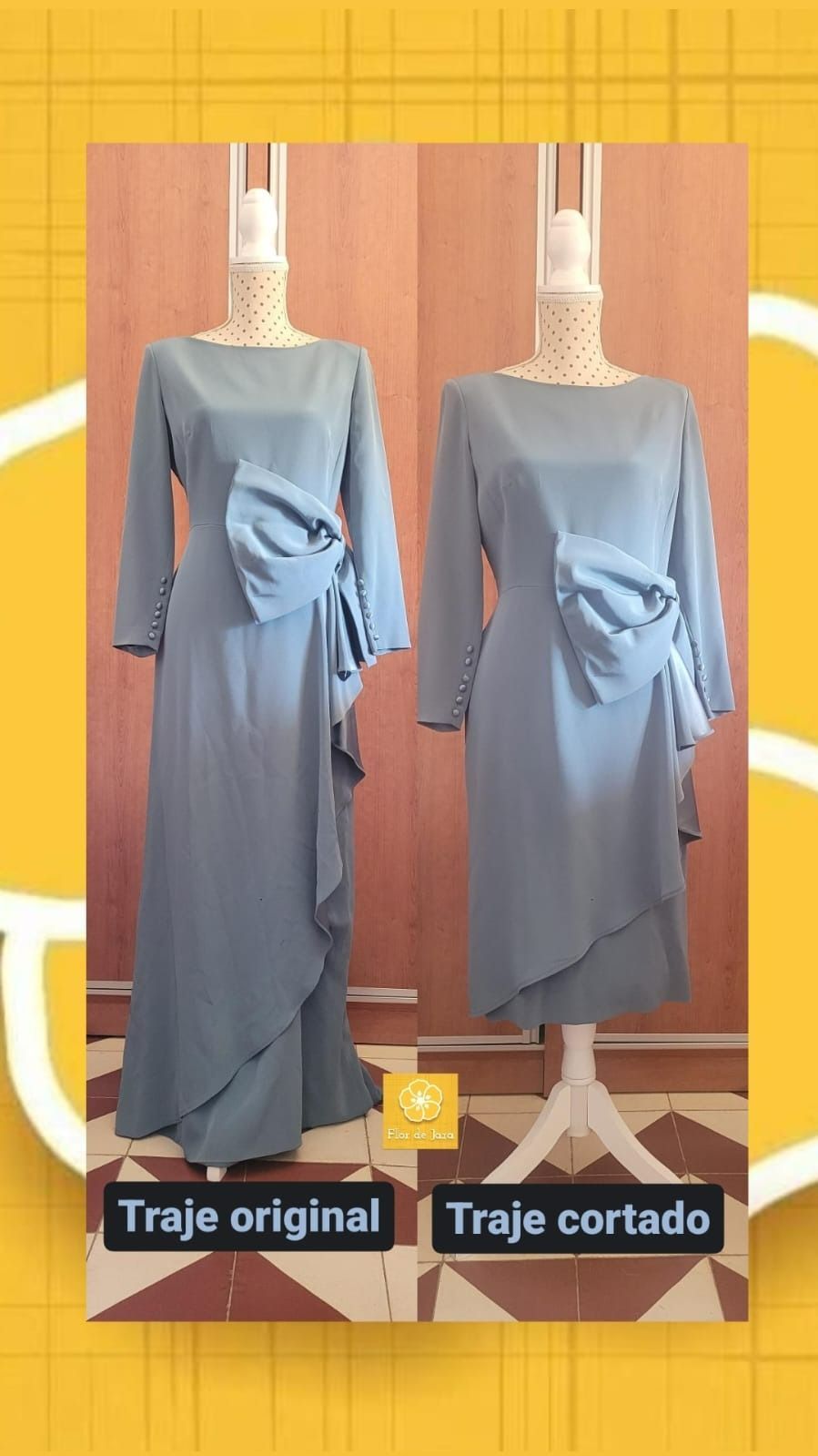 Un vestido azul está sobre un maniquí con un fondo amarillo.