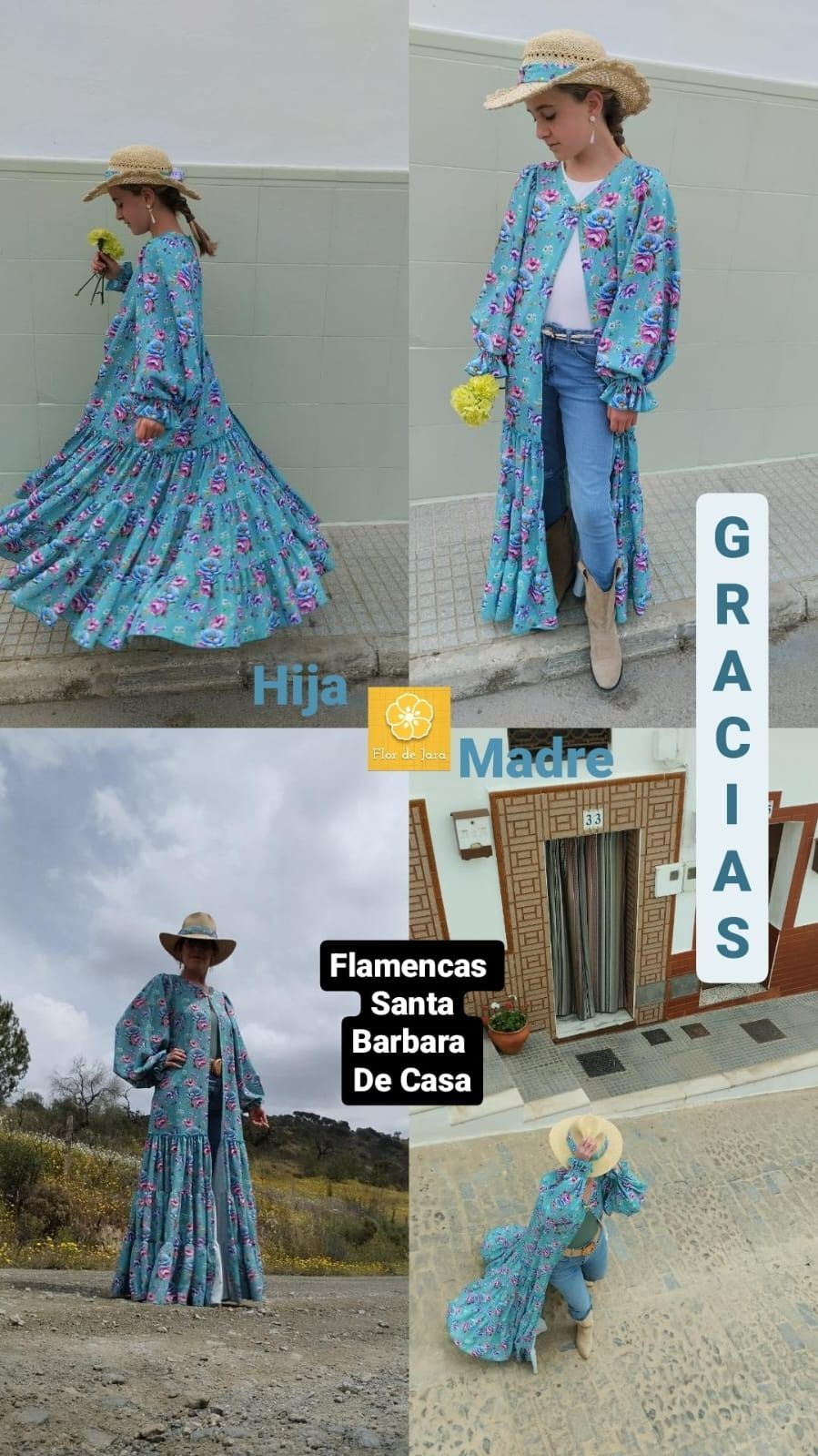 Una mujer lleva un vestido azul y un sombrero de vaquero.