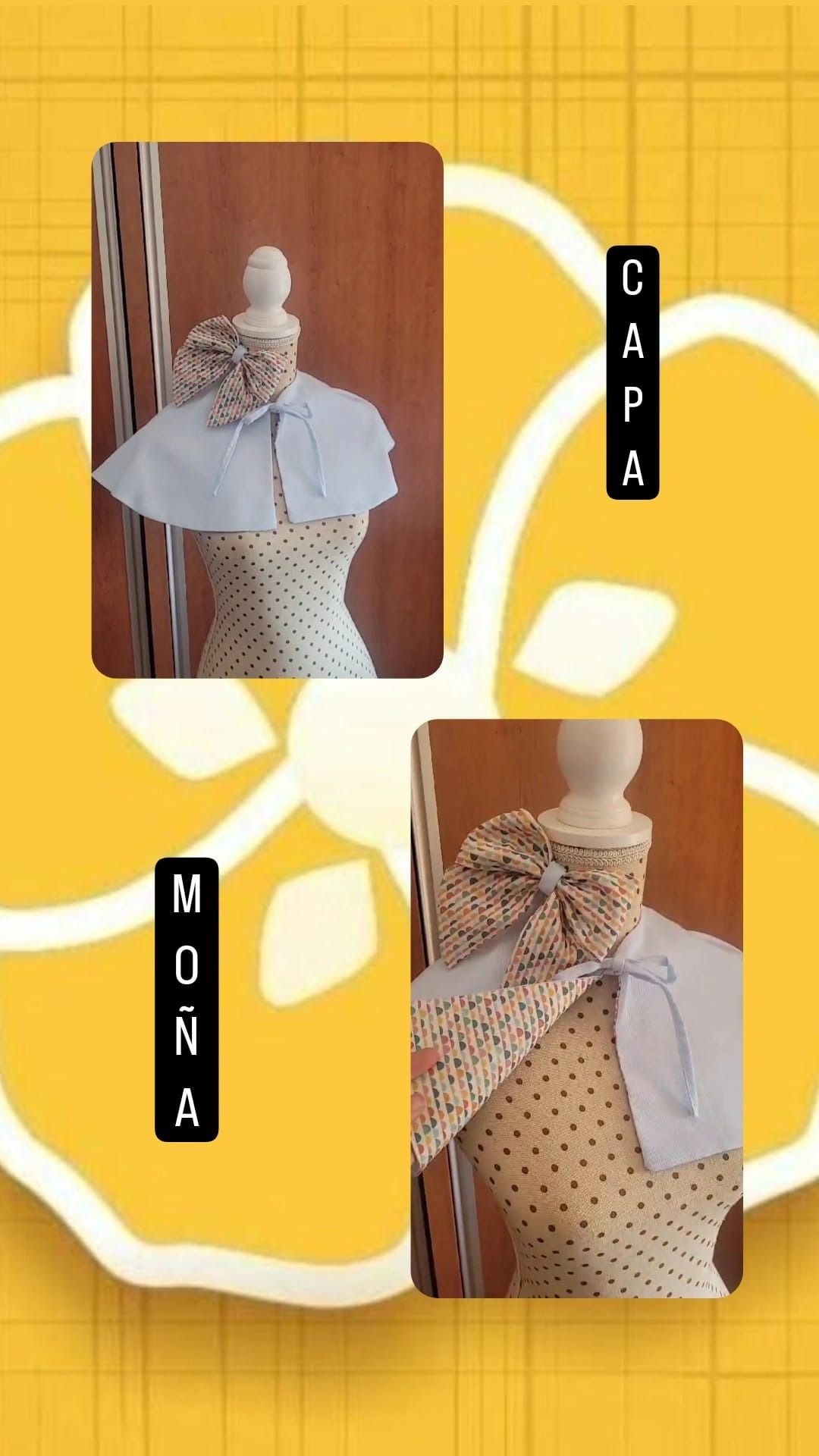 Un vestido de lunares con un lazo en el cuello está sobre un maniquí.