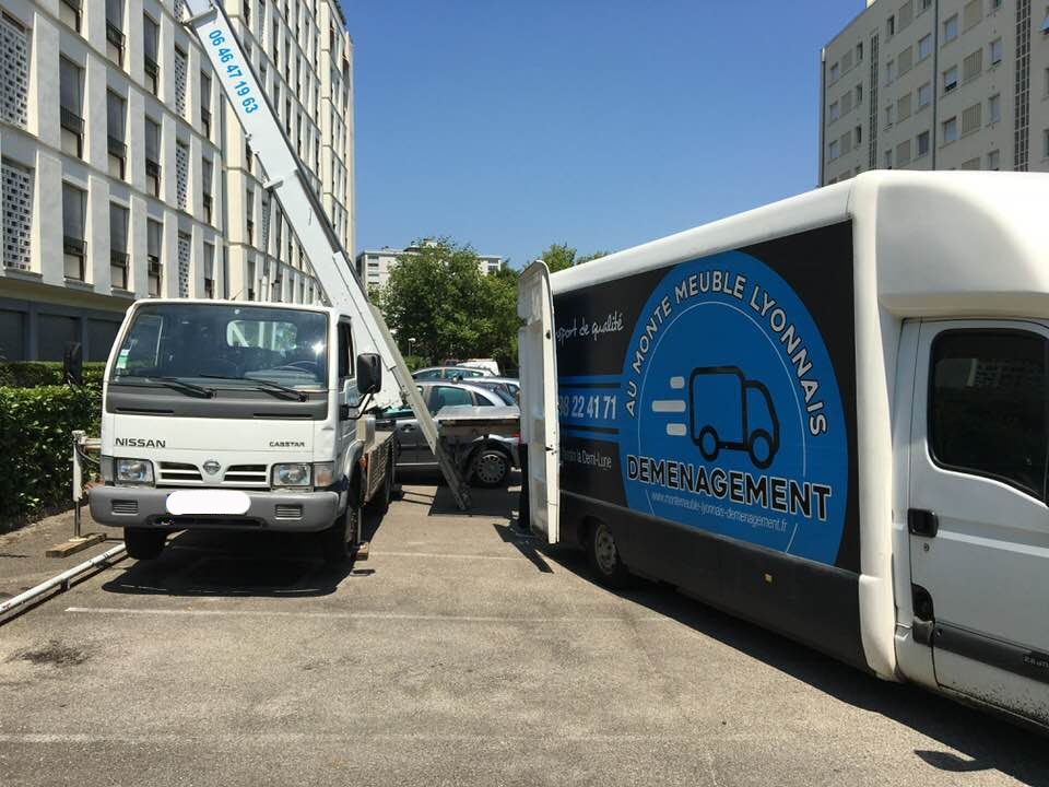 Deux véhicules d'Au Monte-Meuble Lyonnais garés dans la rue
