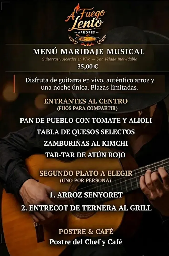 Cartel con el menú musical de Maridaje con opciones de vino, aperitivos, plato principal, postre y café sobre fondo oscuro.