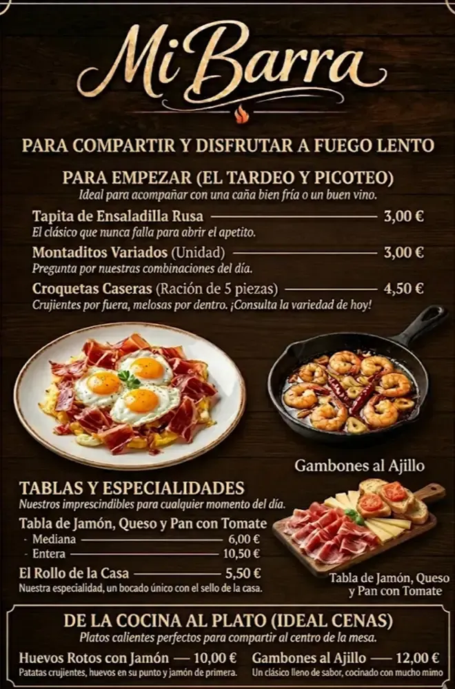 Menú de tapas españolas con fotos de croquetas, huevos, gambas y jamón sobre un fondo oscuro.