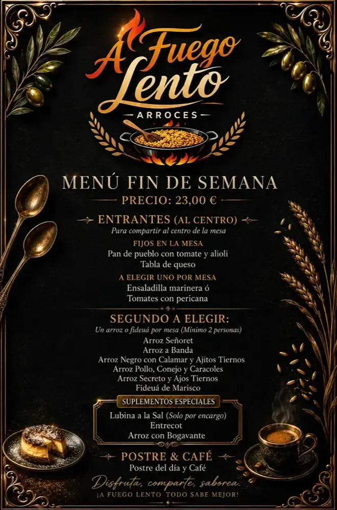 Cartel oscuro con el menú de fin de semana español del Restaurante A Fuego Lento con texto dorado sobre fondo negro.