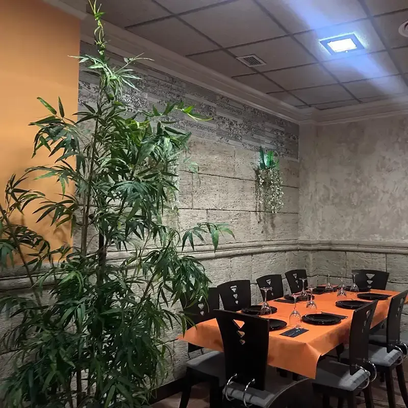 Pequeño comedor con manteles naranjas, sillas negras y plantas verdes altas sobre paredes texturizadas.