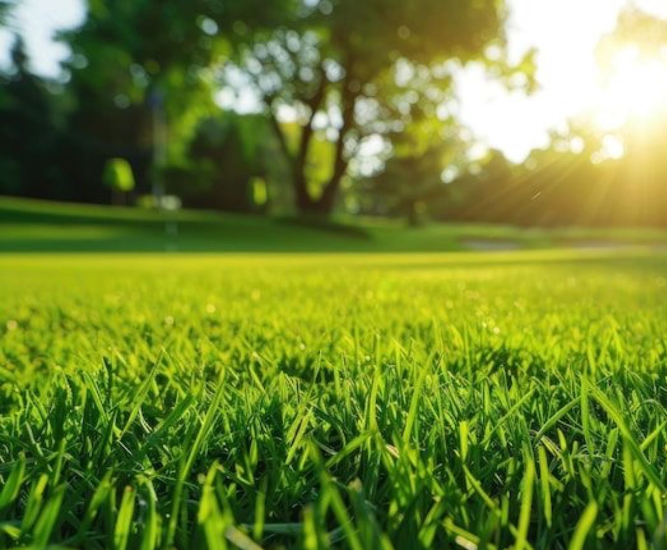 Gros plan sur une herbe, sur fond ensoleillé et lumineux, avec un grand arbre, créant une scène extérieure pleine de vie.