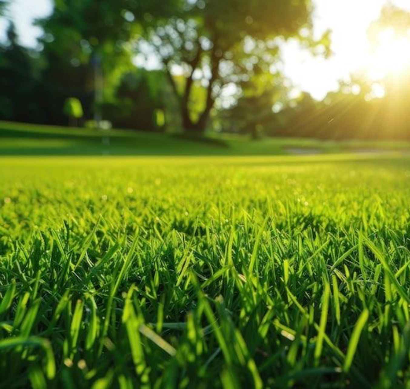 De l'herbe baignée de soleil, un arbre en arrière-plan et un ciel lumineux.