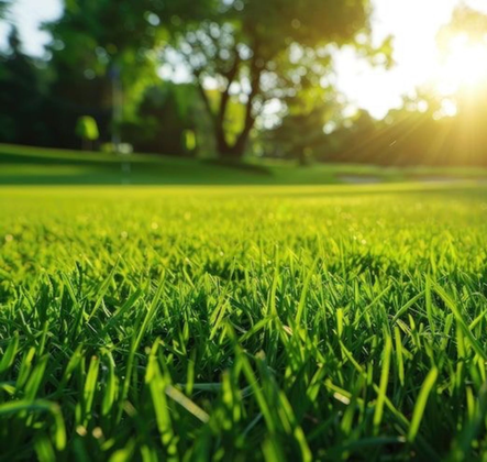 De l'herbe baignée de soleil, un arbre en arrière-plan et un ciel lumineux.