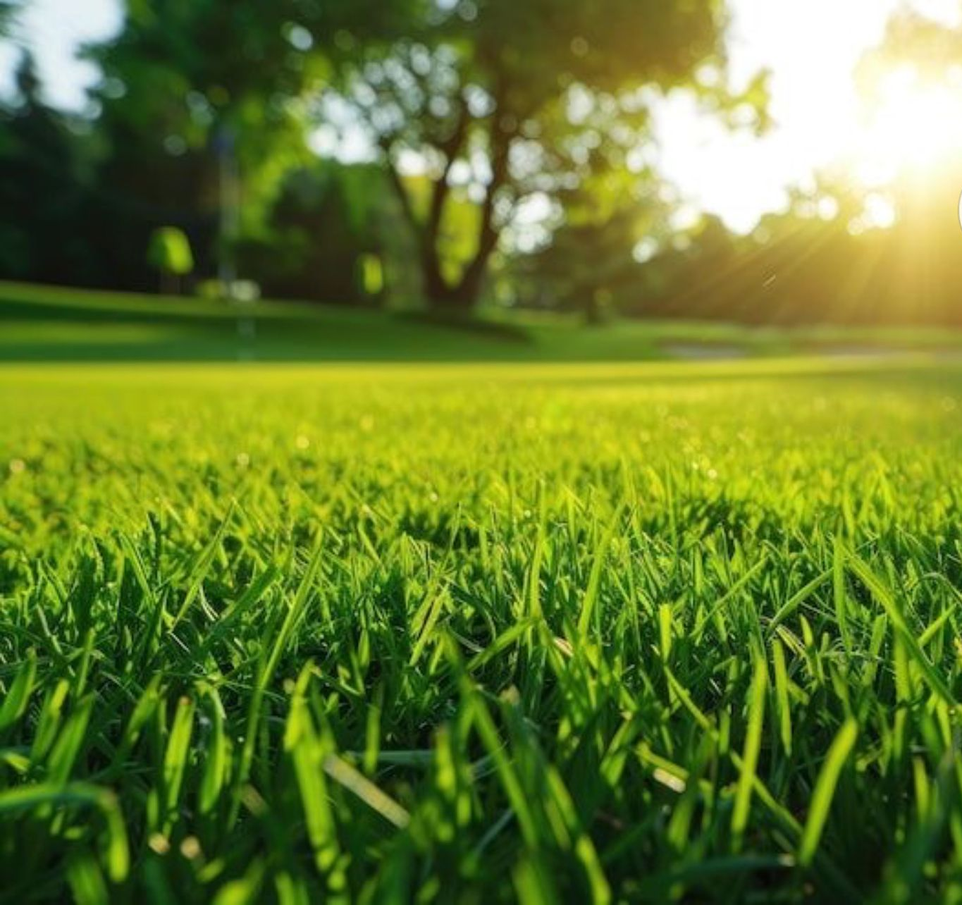 Gros plan sur de l'herbe dans un parc ensoleillé, avec un arbre et un ciel flous en arrière-plan.
