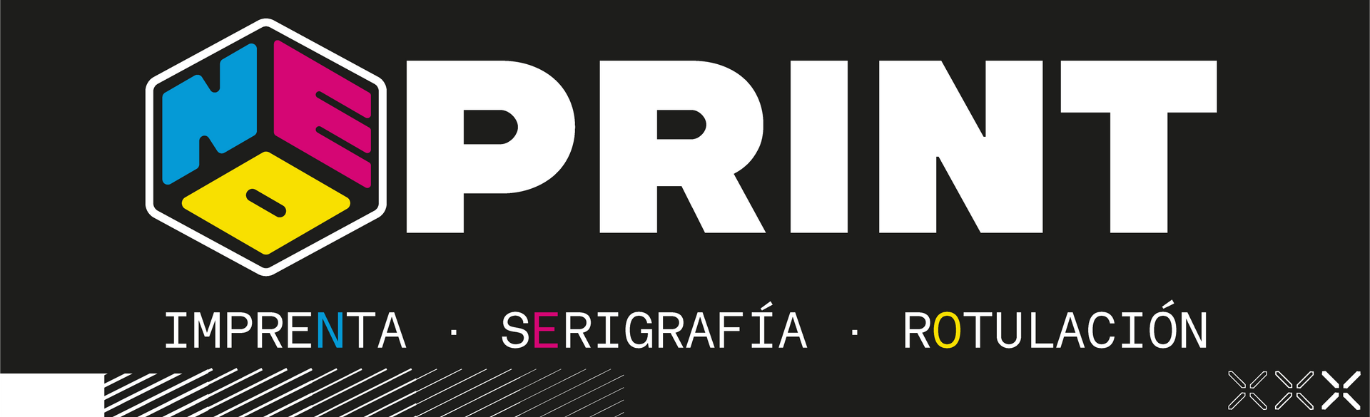 Logotipo: "NEO PRINT" en texto negro debajo de un diseño de cubo con las letras N, E y O en azul, magenta y amarillo.