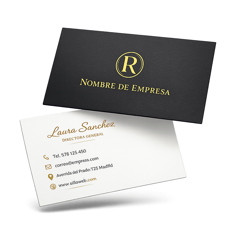 Dos tarjetas de presentación, una negra con texto dorado y otra blanca con texto dorado.