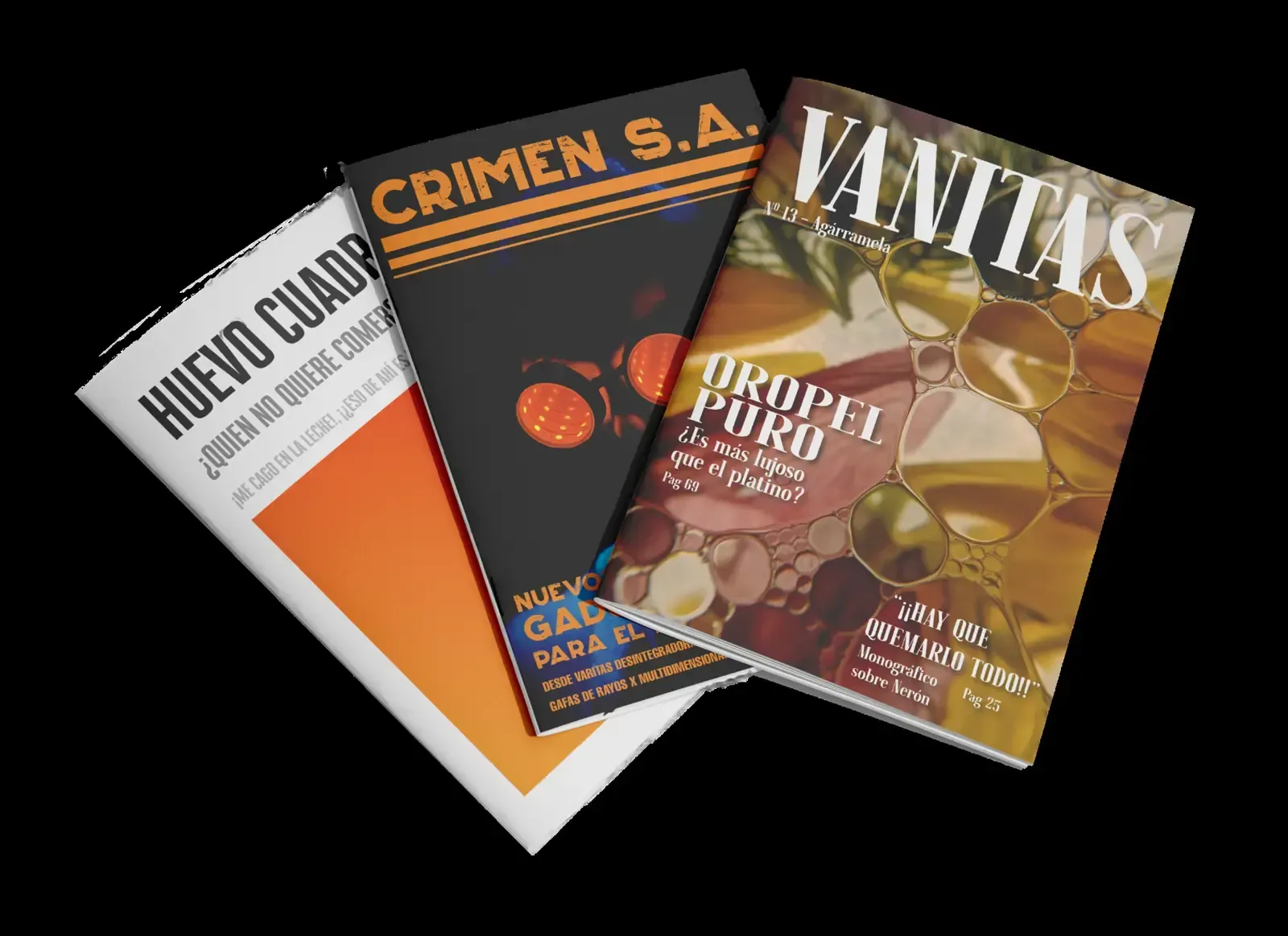 Tres revistas superpuestas sobre un fondo negro, tituladas 