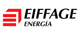Logotipo para Eiffage Energía en color rojo y negro, con un cuadrado rojo y líneas a la izquierda.