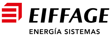 Logotipo de Eiffage Energía Sistemas, cuadrado rojo con líneas horizontales blancas, texto negro debajo.