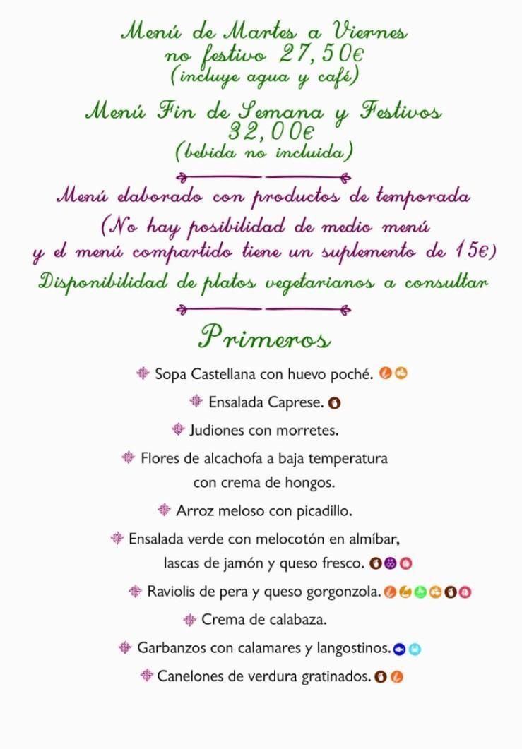 La carta de un restaurante muestra los precios de los menús de entre semana y de fin de semana, seguida de secciones para entrantes, platos principales y postres.