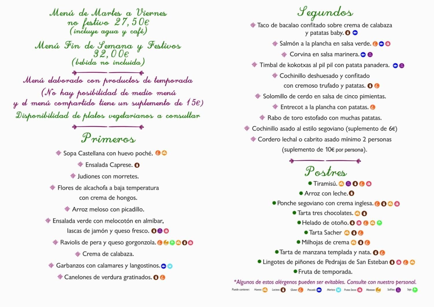 La carta de un restaurante muestra los precios de los menús de entre semana y de fin de semana, seguida de secciones para entrantes, platos principales y postres.