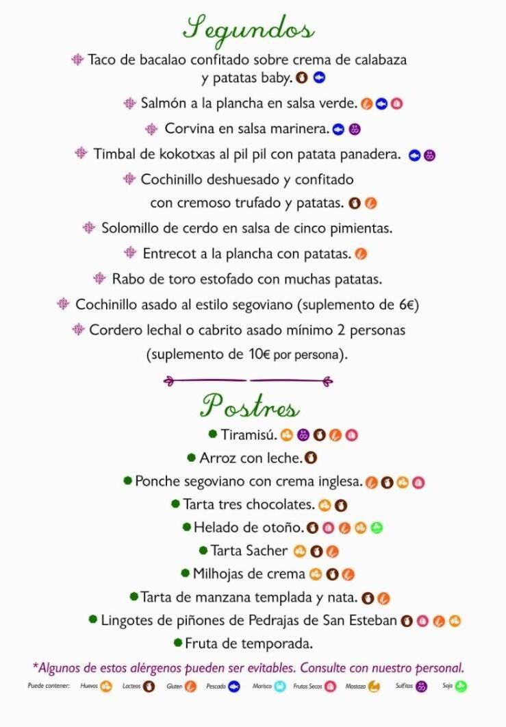 La carta de un restaurante muestra los precios de los menús de entre semana y de fin de semana, seguida de secciones para entrantes, platos principales y postres.