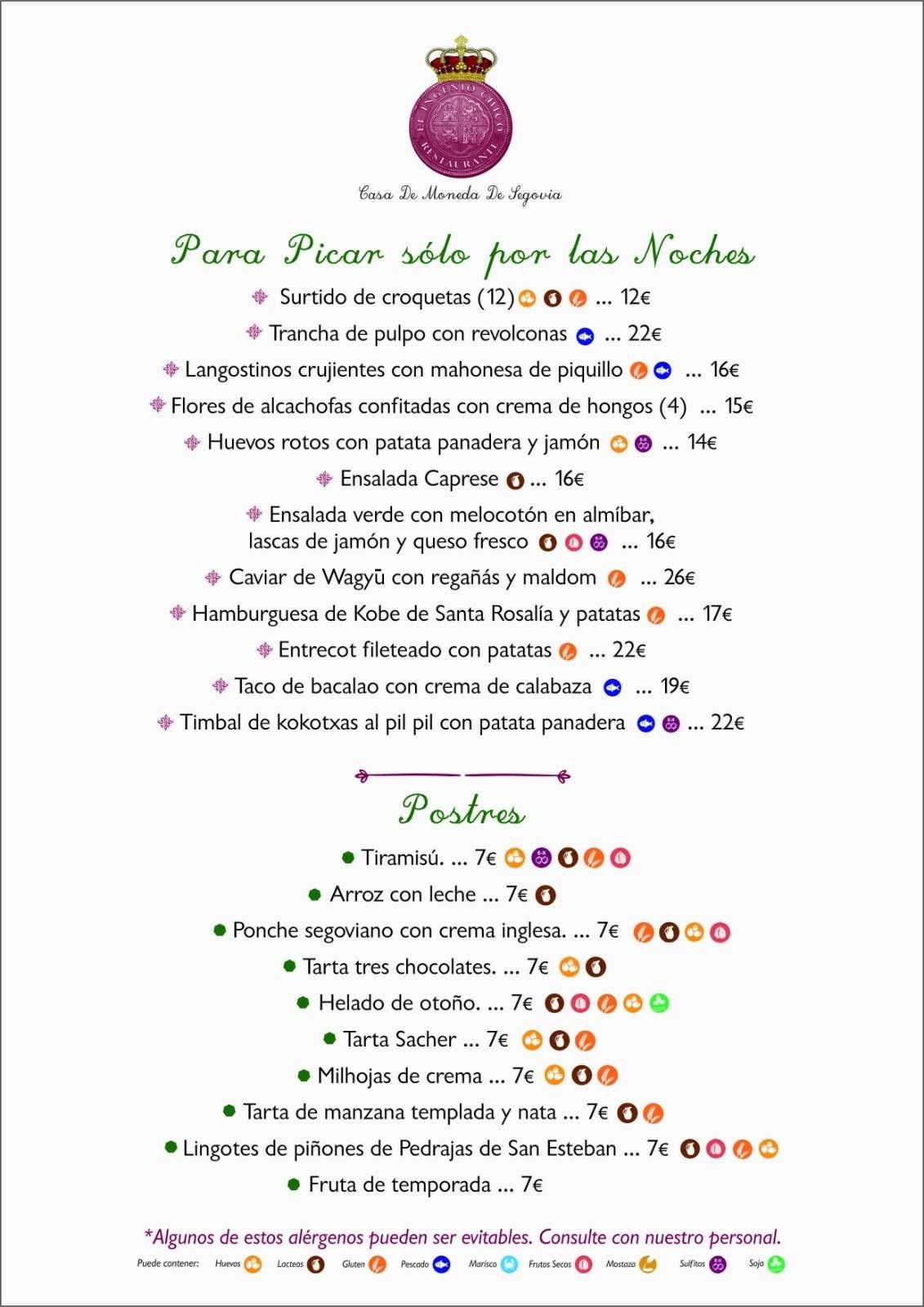 Menú de un restaurante titulado 