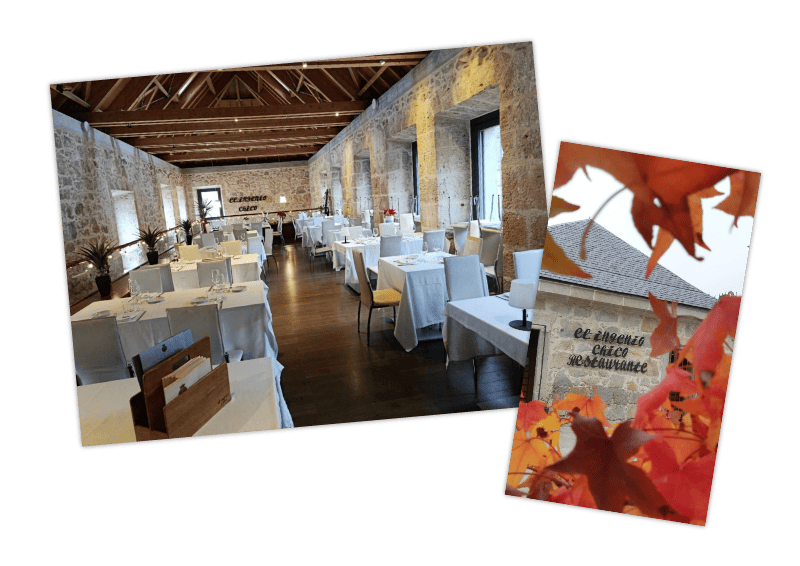 Un comedor con paredes de piedra y vigas de madera junto a una tarjeta promocional enmarcada por hojas de otoño.