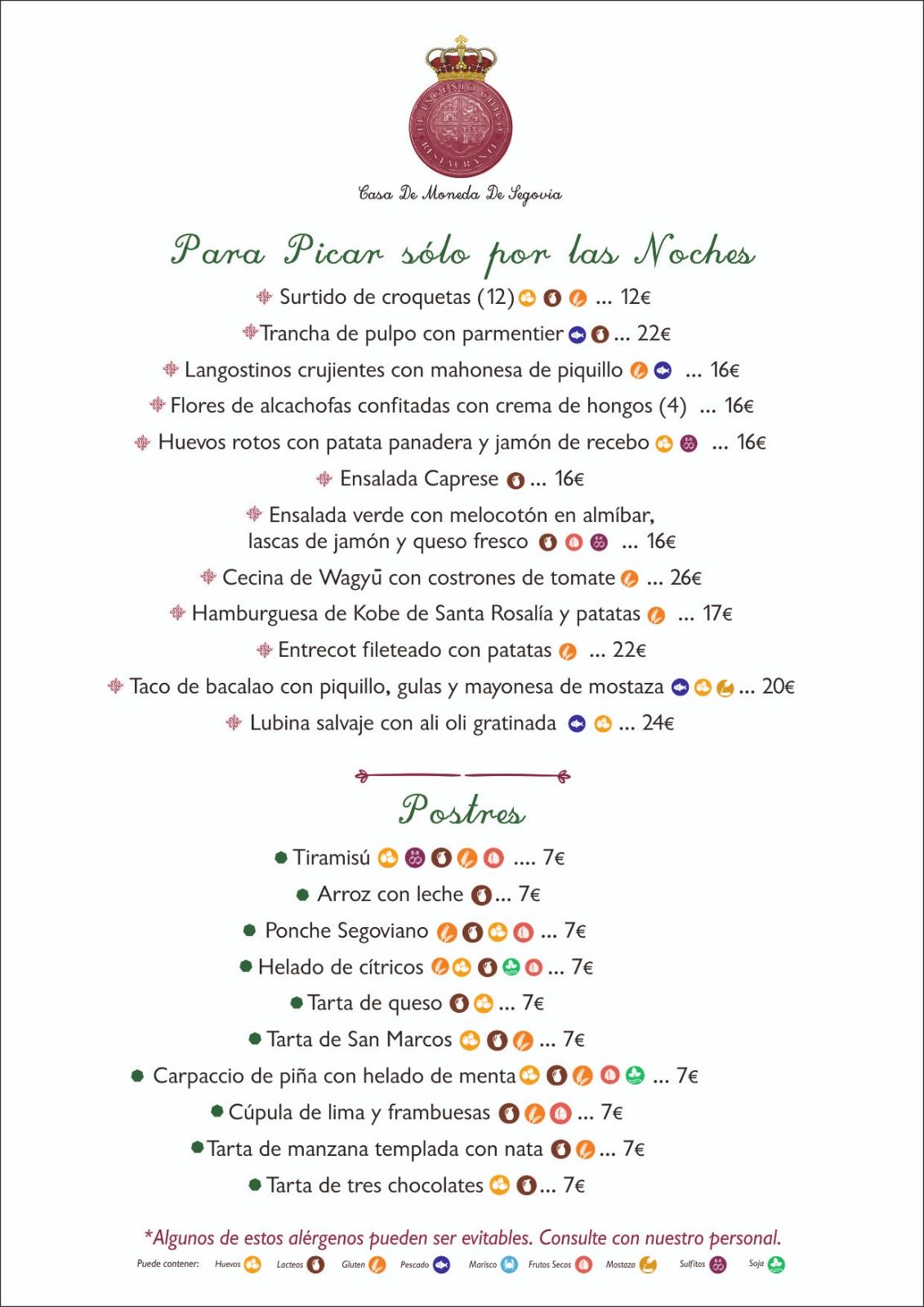 Menú de un restaurante titulado 