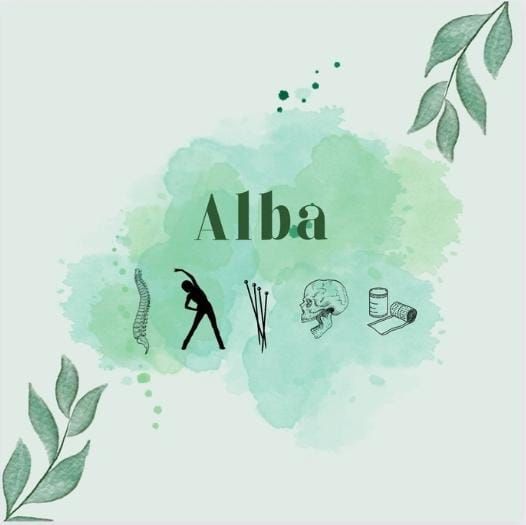 Alba: logotipo con fondo de acuarela verde, iconos médicos y hojas.