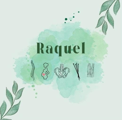 Texto de Raquel sobre una aguada de acuarela verde con símbolos médicos y hojas.