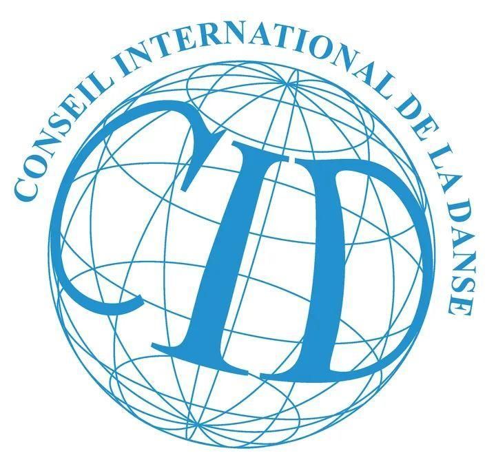 Logotipo circular azul con líneas de globo terráqueo y el texto “Conseil International de la Danse” y “CID”.
