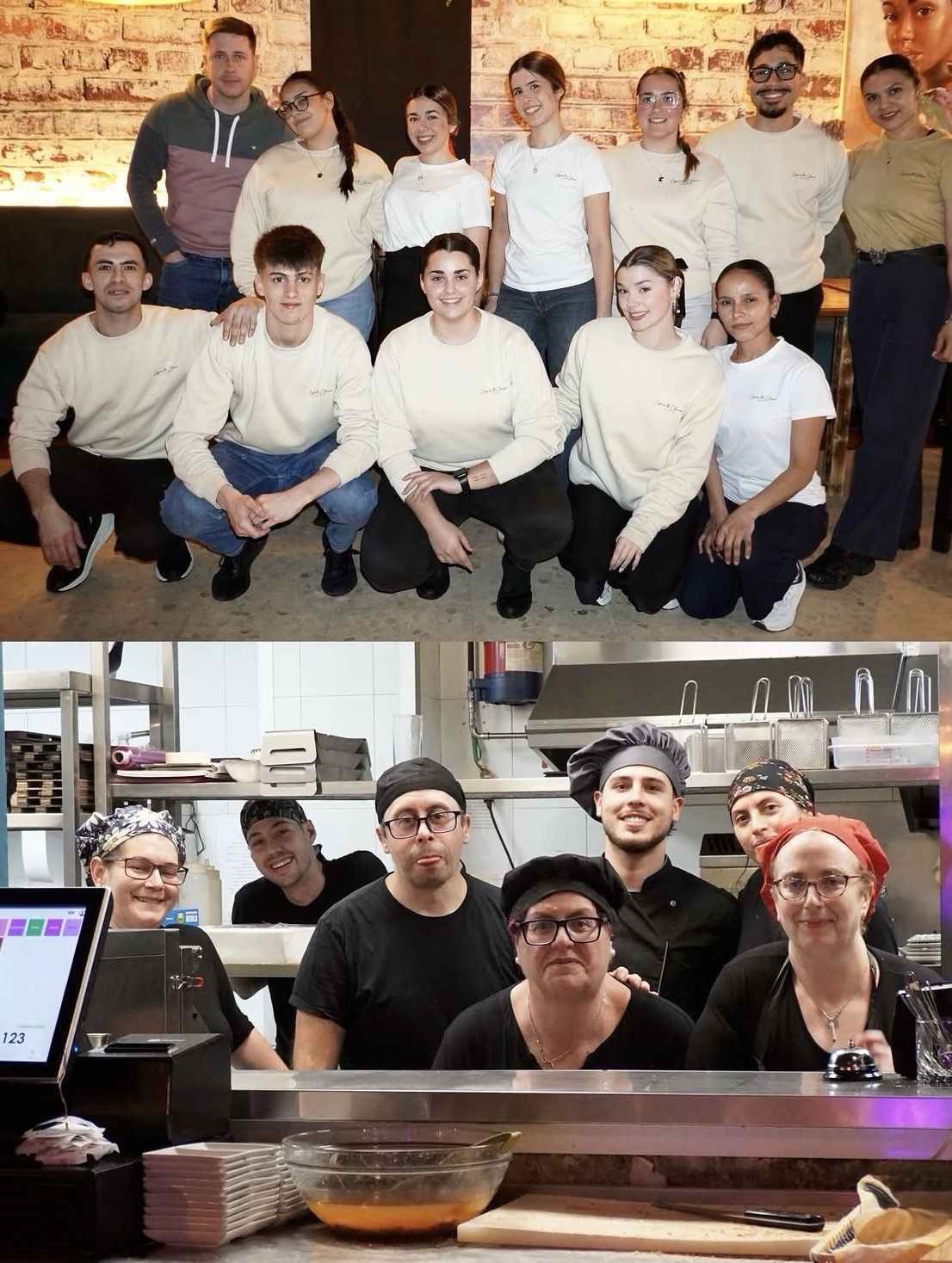 Empleados del restaurante posando con camisas blancas y pantalones negros, y luego sonriendo detrás de la barra de un café.