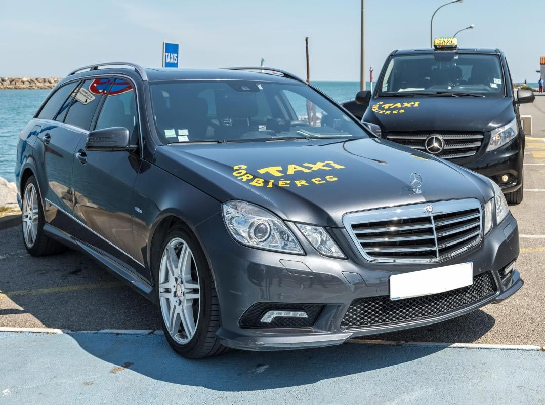 Deux taxis Mercedes gris foncé sont garés près de l'eau sous un ciel bleu ; l'un d'eux est un break.