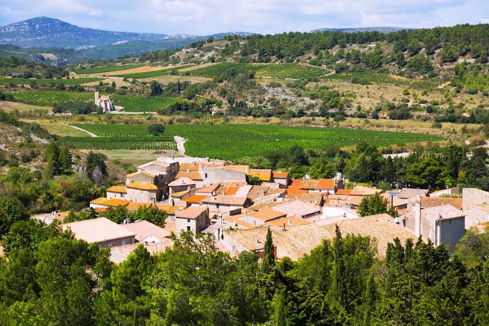 Village niché dans une vallée, avec des vignobles et une église au loin.