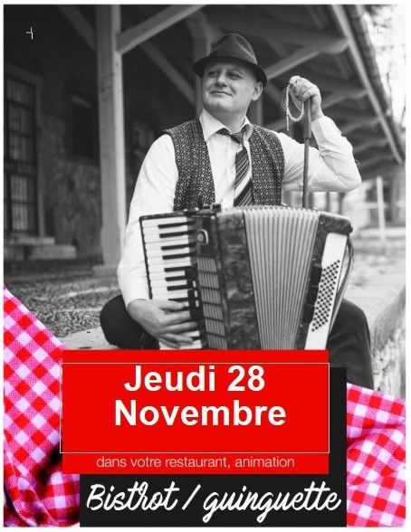 Une affiche en noir et blanc avec un homme qui joue de l'accordéon
