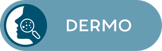 Un pulsante blu con la sagoma bianca di un volto esaminato da una lente d'ingrandimento, con accanto la parola Dermo