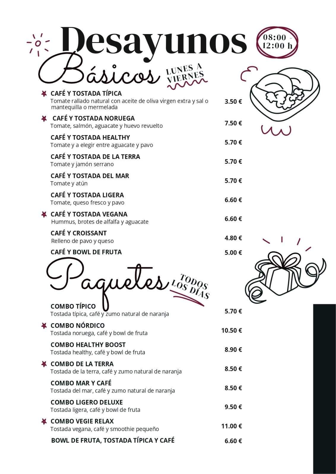Menú con opciones de desayuno y paquetes especiales. Texto e ilustraciones en blanco y negro.