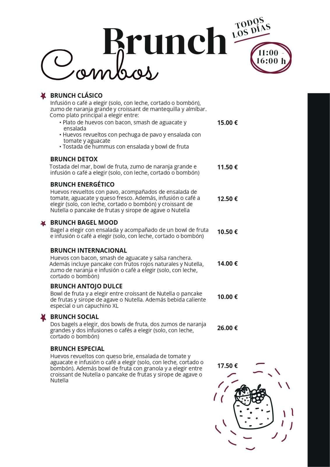 Menú de combos de brunch con precios.
