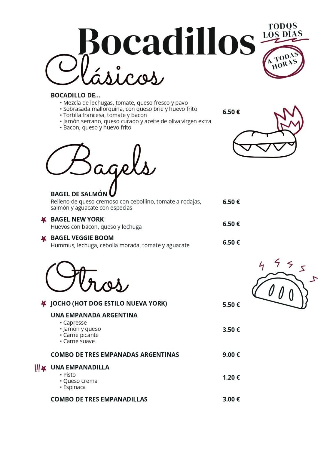 Menú de sándwiches y otros artículos con precios. Incluye sándwiches clásicos, bagels y otros platillos.