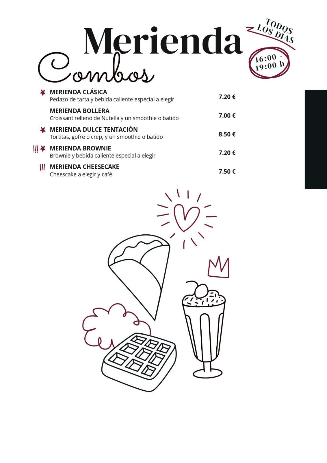 Menú con Combos de Merienda, con ilustraciones de un waffle, un helado y una malteada.