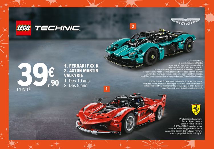 Voiture Lego Technic Ferrari FXX K (dès 10 ans) ou Aston Martin Walyrire (dès 9 ans) à 39,90 € l’unité.