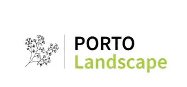 El logotipo de Porto Landscape muestra una rama de árbol con flores.