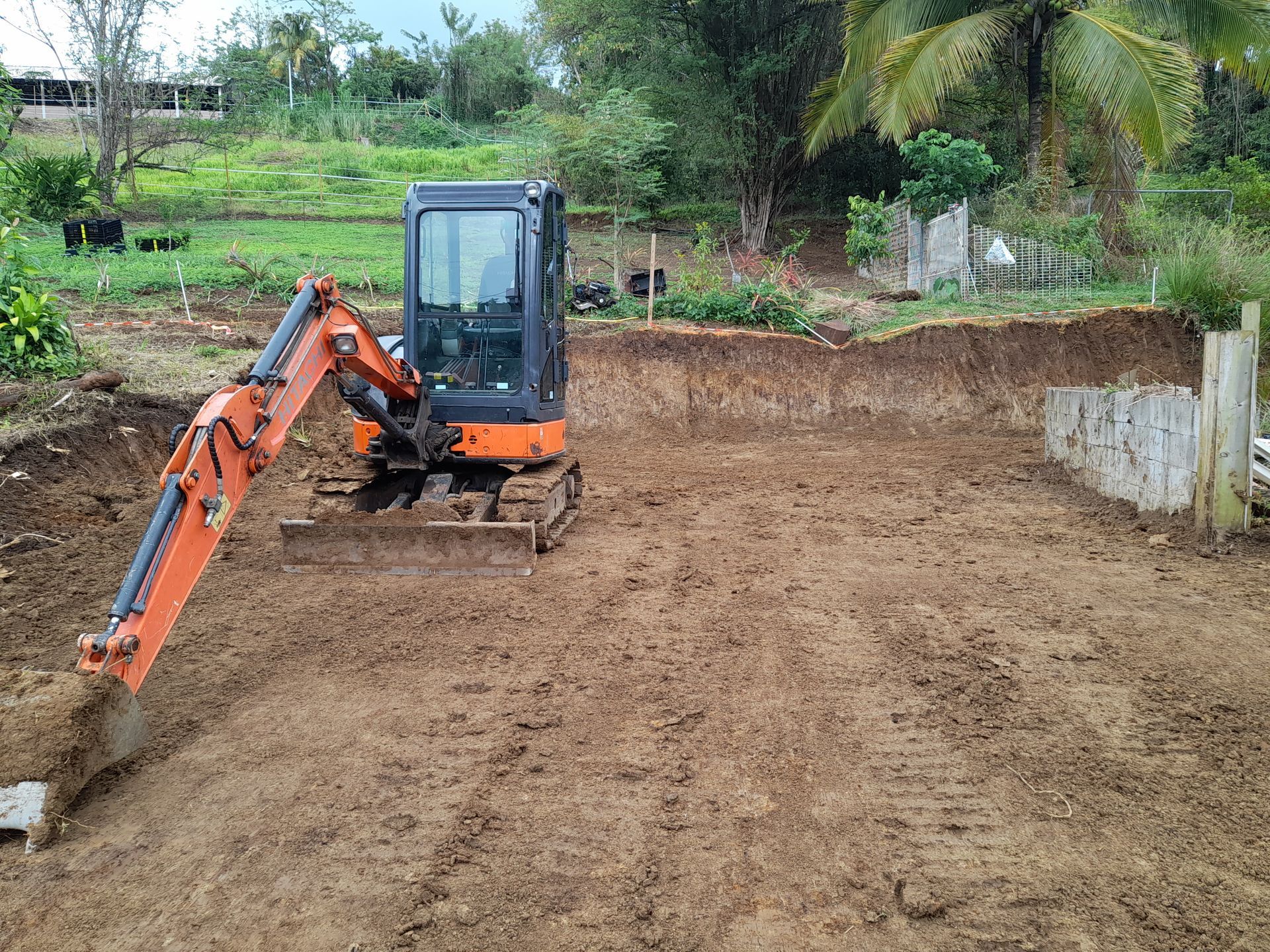 Une pelleteuse orange nivelle un terrain vague à côté d'un mur en béton et de verdure.