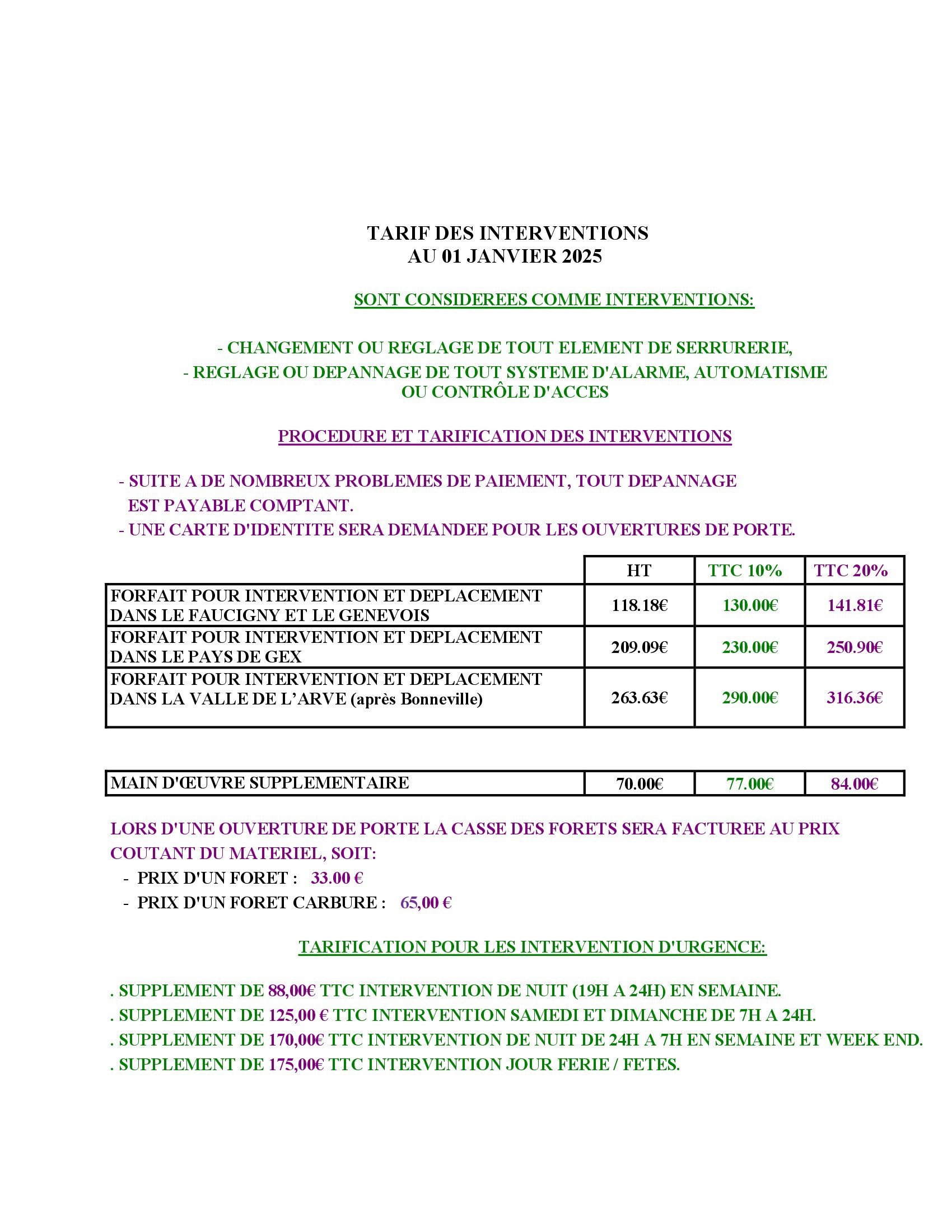Tarifs intervention 2024