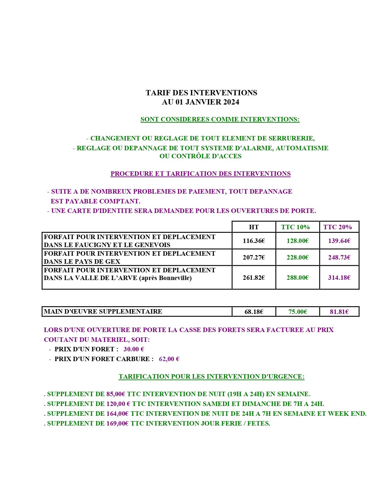 Tarifs intervention 2024