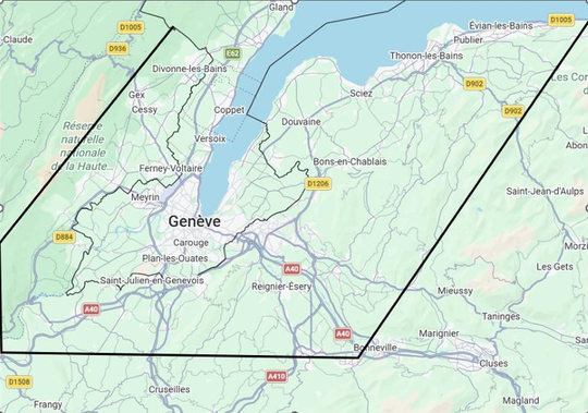 Carte indiquant la zone d'intervention autour de Genève.