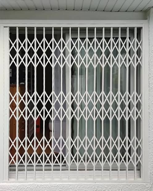 Grille extensble en métal pour protéger l'entrée d'un bâtiment.