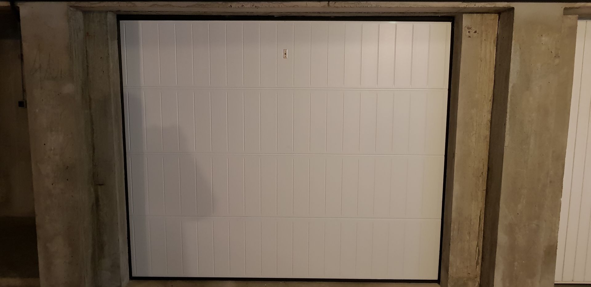 Porte de garage blanche basculante.